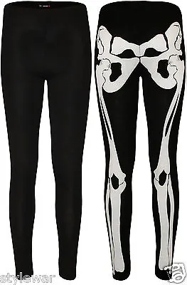 New Womens Ladies Comic Black Skeleton Bone Print Full Length Leggings Size 8-12 • £7.99