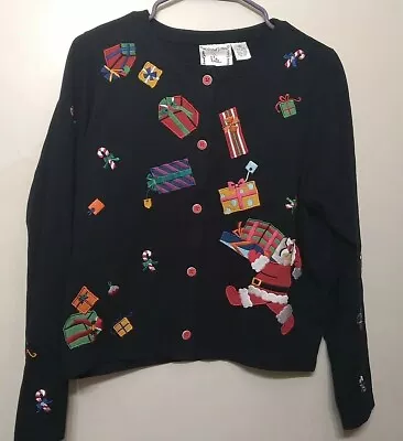 Michael Simon Lite Cardigan Sweater Size Medium Black Santa Claus Christmas... • $40