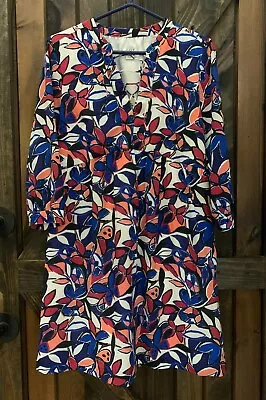 J Crew H4528 Lace Up Butterfly Printed Dress Size Sz S Small 3/4 Sleeve Blue Red • $14.99