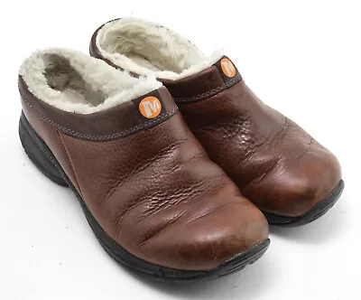 Womens Merrell Primo Chill Slide Size 7.5 Brown Leather Black Rubber Fur Clogs • $19.95