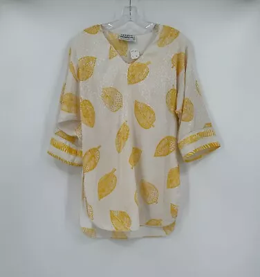 Mary McFadden I. Magnin Vintage Womens White/Yellow Leaf Satin Tunic Dress Sz P • $99