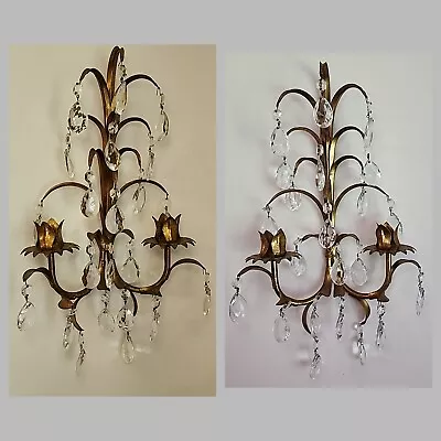 PAIR Vintage ITALIAN Gold Gilt SCONCES Hollywood ITALY Antique Candle CANDELABRA • $165