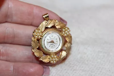 Vintage SHEFFIELD Gold Tone Faux Pearl Swiss Mechanical Pendant Watch - Runs • $20