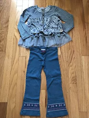 NAARTJIE Kids Striped Blue OUTFIT SET Top Ruffled Corduroy Tunic Pants Size 4 • $18.91