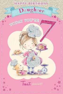 Daughter 7 Years Old Today Lovely Cute Card  Birthday Girl Baking Cake • £2.99
