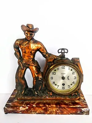 Vintage Copper Cowboy Clock With Key Plastic Marbel Base • $79.99