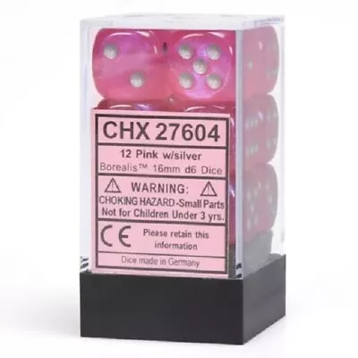 Chessex Borealis Pink With Silver 12 Dice Set - 6 Sided 16mm D6 Luminary Glow • $10.95