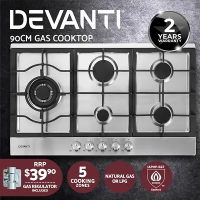 Devanti Gas Cooktop 90cm Kitchen Stove Cooker 5 Burner Stainless Steel NG/LPG • $318.95