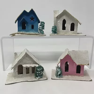 Vintage Putz Christmas Village Cardboard House Mica Trees Japan Set Of 4 • $19.99