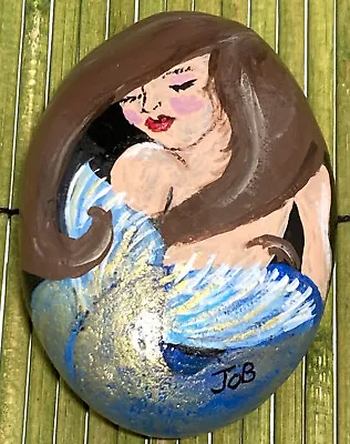 Hand Painted Mermaid Brown Flowing Hair Gold Metallic Accents River Rock OOK • $15