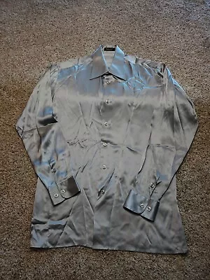 Bernini Platinum Silk Shirt XL Mens Gray Long Sleeve Button Up Curved Cutaway • $35
