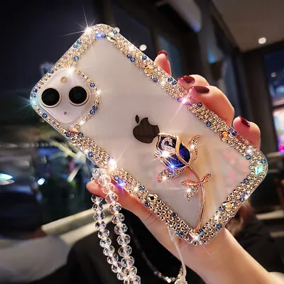 $15.99 • Buy For IPhone 13 Pro Max 14 12 11 XS XR Rose Flower Crystal Diamond Case With Strap