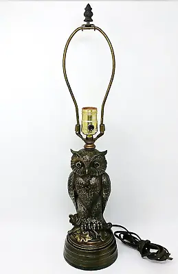 Vintage BRASS OWL LAMP Woodland Cabin Table Desk Lamp With 8  Harp And Finial • $195