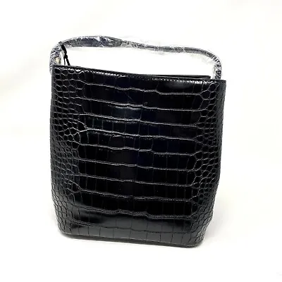 AOTA Black Moc Croc Vegan Leather Classic Elena Structured Bucket Crossbody Bag • $45
