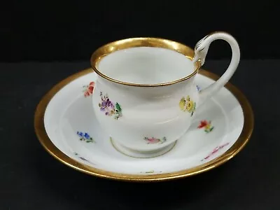 Meissen Scattered Flowers Wide Gold Trim Swan Handle Demitasse Cup Saucer • $108.50