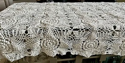 $22 • Buy Hand Crocheted Lace White Tablecloth Or Tablecloth Runner 38”x60” EXCELL COND