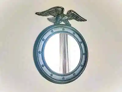 VINTAGE Round Circle Porthole FEDERAL EAGLE Topper Wall MIRROR Black Heavy Iron • $120