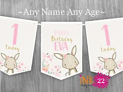 Personalised Bunny Rabbit 1st Birthday Party Banner Bunting Flags Pink 2nd 3rd • £4.99