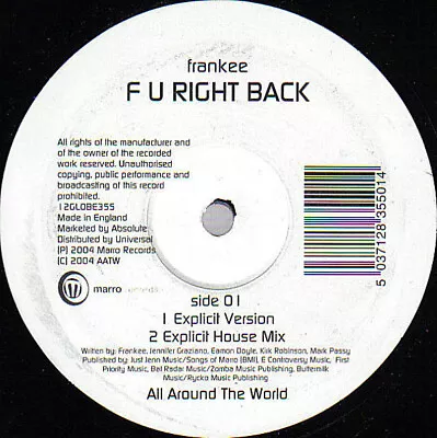 Frankee - F U Right Back - Used Vinyl 12 - J1362z • £6.55