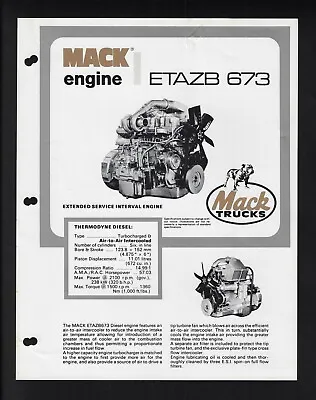 Mack Trucks Etazb 673 Engine Specifications Brochure  • $17.81