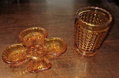 Vintage Lot Of 2 Indiana Amber Glass 3 Leaf Clover Dish & Votive Candle Cup • $8.99