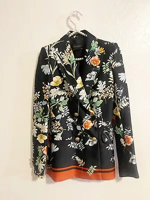 Zara Floral Print  Silk Double Breasted Jacket Gold Buttons Extra Small Xs • $89