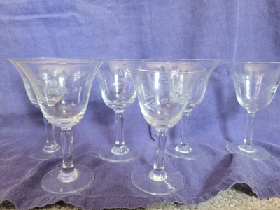 Vintage Etched/Cut Floral Sherry/Cordial Crystal Stemware - Set Of 6 • $7.99