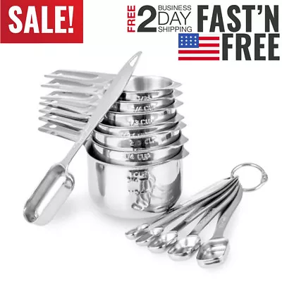 13-PCS Measuring Cups And Spoons Set 18/8 Stainless Steel Heavy Duty - Silver • $22.25