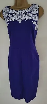 Oasis Stretch Cotton Dress Pencil Wiggle Purple Blue White Embroidered Sz 10 • £9.99
