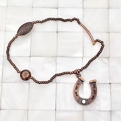 Horseshoe Charm Copper Tone Beaded Stretch Bracelet The Vintage Strand Lot #0860 • $10.19