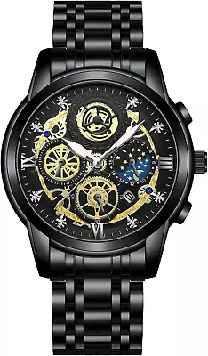 Men'S Wrist Watch Steampunk Retro Watch Stainless Steel Skeleton Quartz Watch • $26.24