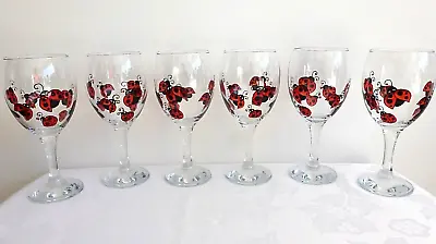 6 X Hand Painted Red Wine Glasses. Original Idea Birthday Garden Nature Ladybird • £30