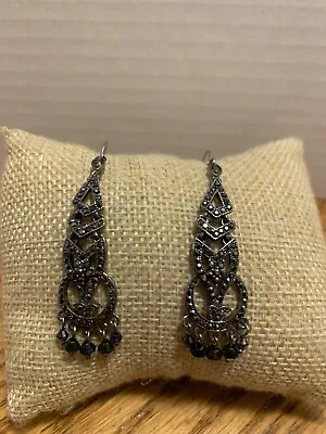 Lovely Monet Vintage Black Tone & Rhinestone Beads Drop Dangle Pierced Earrings • $13.60