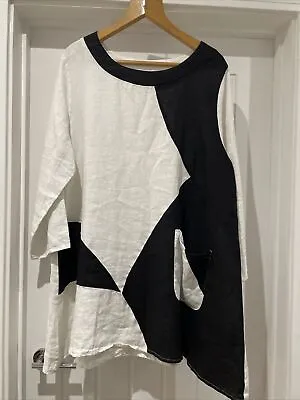 Box2 Tunic Size 14-16 Black/white Linen Asymmetric Round Neck Top Lagenlook • £45