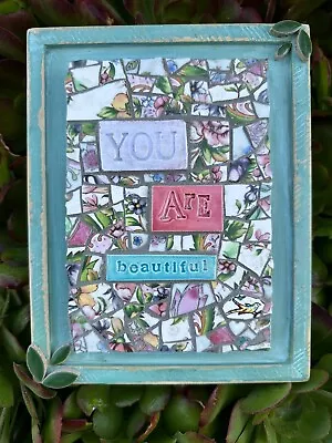 Handmade Framed  Mosaic Wall Art “You Are Beautiful” Floral Aquapink Green • $74.99