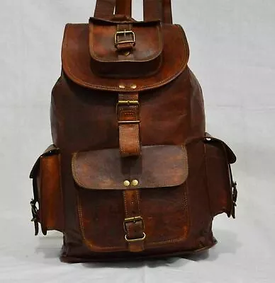 $46 • Buy Genuine Goat Leather Large Men's Vintage Backpack Travel Rucksack Laptop Gym Bag