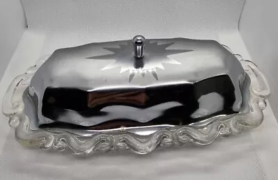 Vintage Brushed Metal Butter Dish With Decorative Glass Bottom • $11.97