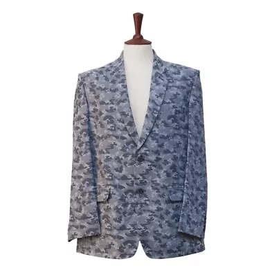 Mens Blazer Blue Gray Camouflage Camo Cotton Dress Formal Jacket Sport Coat 44R • $139.99