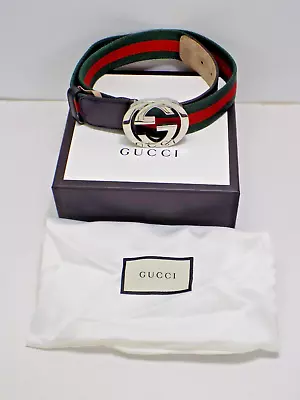 Gucci Web Green/Red Canvas Silver Interlocking G Buckle Belt Waist 90B-36 • $260