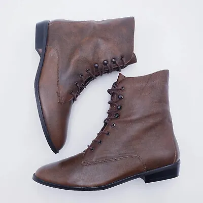 Vintage 90s Y2k Nine West Brown Leather Combat Granny Ankle Boots Booties 9.5 • $89