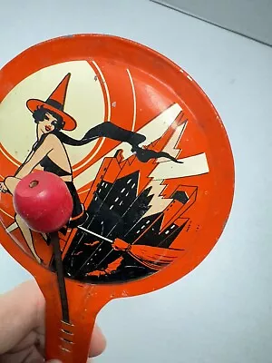 Vintage HALLOWEEN Orange Paddle NOISEMAKER Witch With Buildings Tin Metal Toys • $39.99