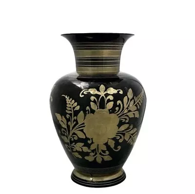 Vintage Indian Solid Brass Vase Etched Floral Handmade Black & Gold 10 In • $40