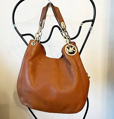 Michael Kors Fulton Luggage Brown Pebbled Leather Chain Shoulder Bag Hobo Purse • $112