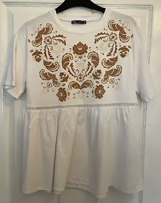 Zara Womens White With Beige Pattern Peplum Top / T-shirt Size L • £7.99