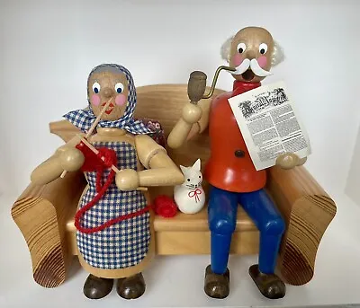 Erzgebirge Germany Oma & Opa On Sofa Smoker 7.5  Wooden Vintage Complete • $99.99