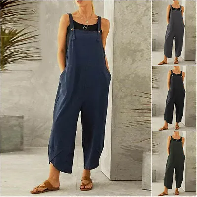 $25.62 • Buy Womens Cotton Linen Strappy Jumpsuit Dungarees Baggy Overall Trouser Pockets#AU