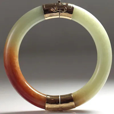 Ming's Hawaii Pale Green Amber 14k Yellow Gold Thick 11mm Hinged Bangle Bracelet • $3500