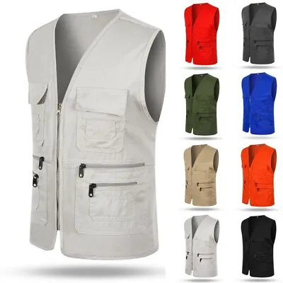 £22.50 • Buy Mens Multi Pocket Sleeveless Vest V-Neck Zip Up Work Wear Casual Waistcoat Tops