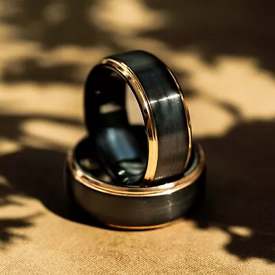 Men's Real Tungsten Black Rose Gold Edge Ring 8mm Unique Wedding Engagement Band • $99.99