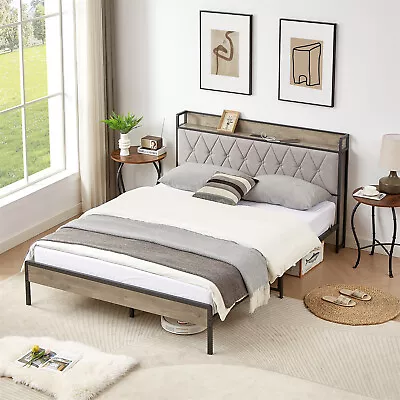 Queen Size Bed Frame Metal Platform Bed W/ Storage Headboard & USB Ports Grey • $194.99